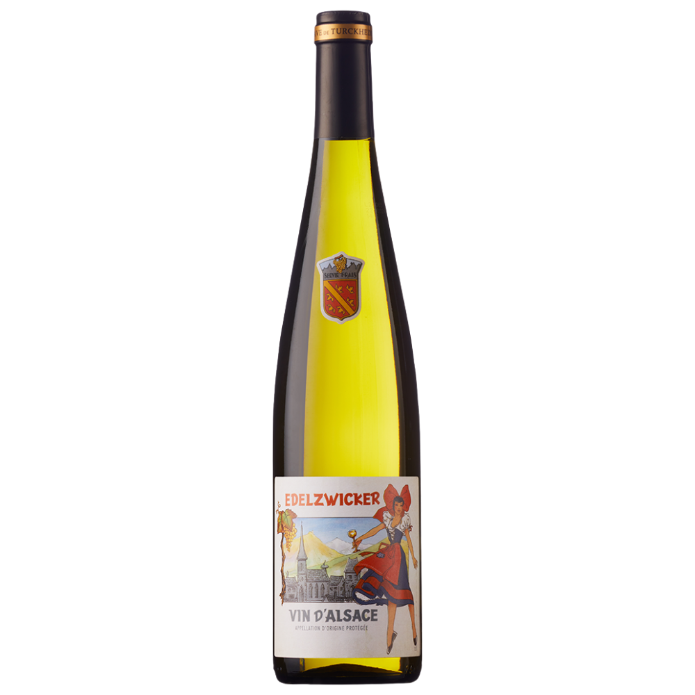 Wine bottle with a colorful label on a white background