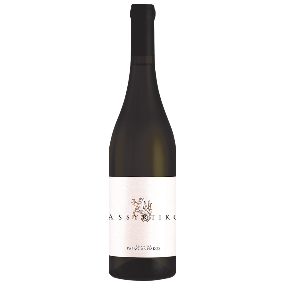 Wine bottle with 'Assyrtiko' label on a white background