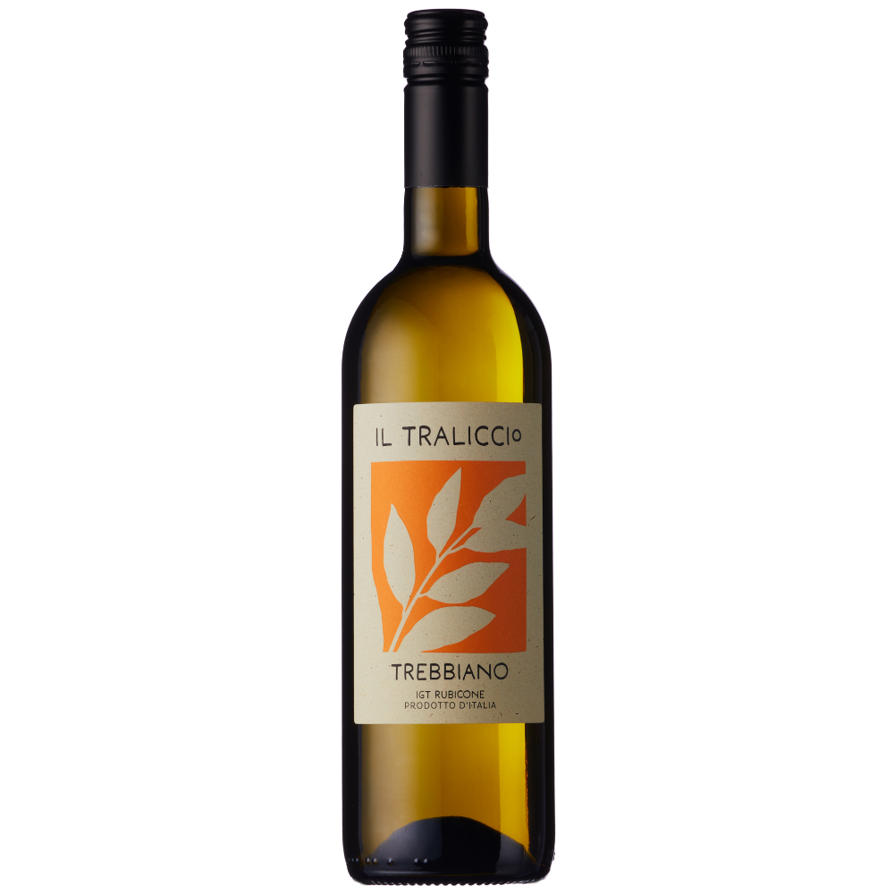 Wine bottle labeled 'Il Traliccio Trebbiano' on a white background