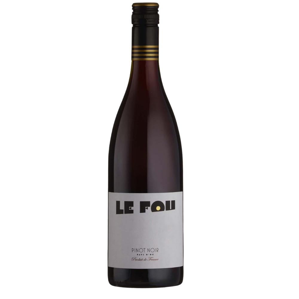 A bottle of Le Fou Pinot Noir red wine, featuring a dark glass bottle with a light gray label and a black foil cap, set against a plain white background.