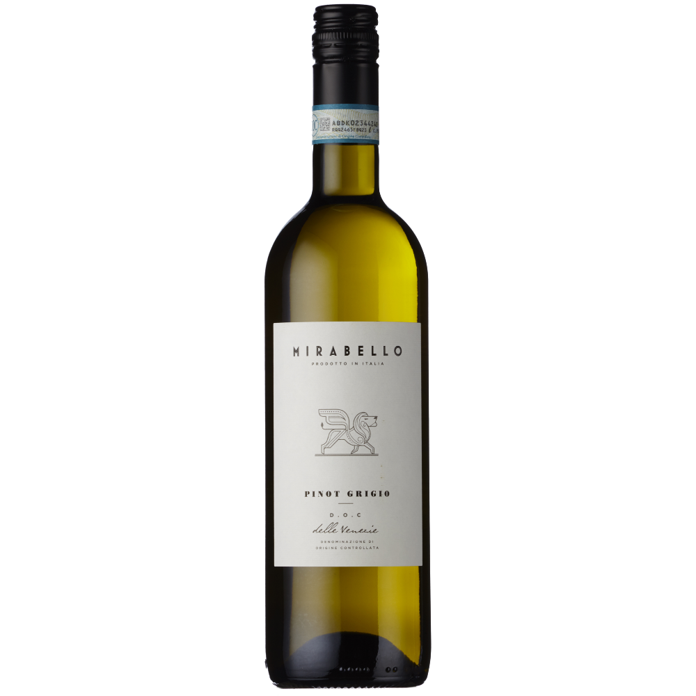 Wine bottle labeled 'Mirabello' on a white background
